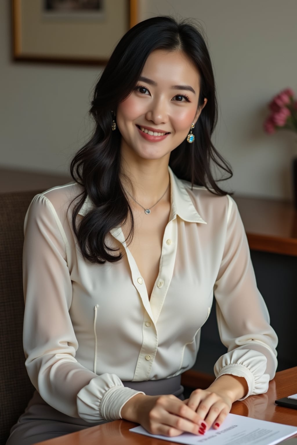 headshot of woman, sitting at a desk, at a (office), BREAK elegant blouse, pencil skirt, makeup