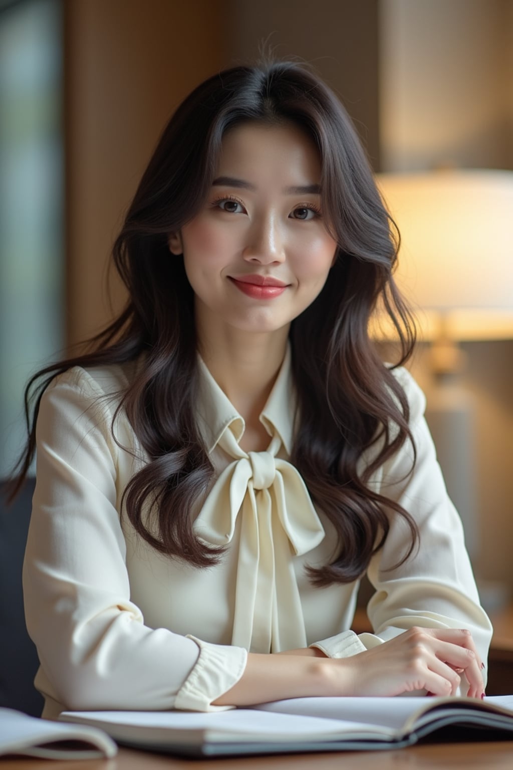 headshot of woman, sitting at a desk, at a (office), BREAK elegant blouse, pencil skirt, makeup