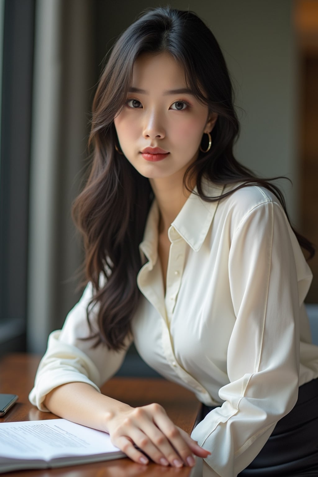 headshot of woman, sitting at a desk, at a (office), BREAK elegant blouse, pencil skirt, makeup