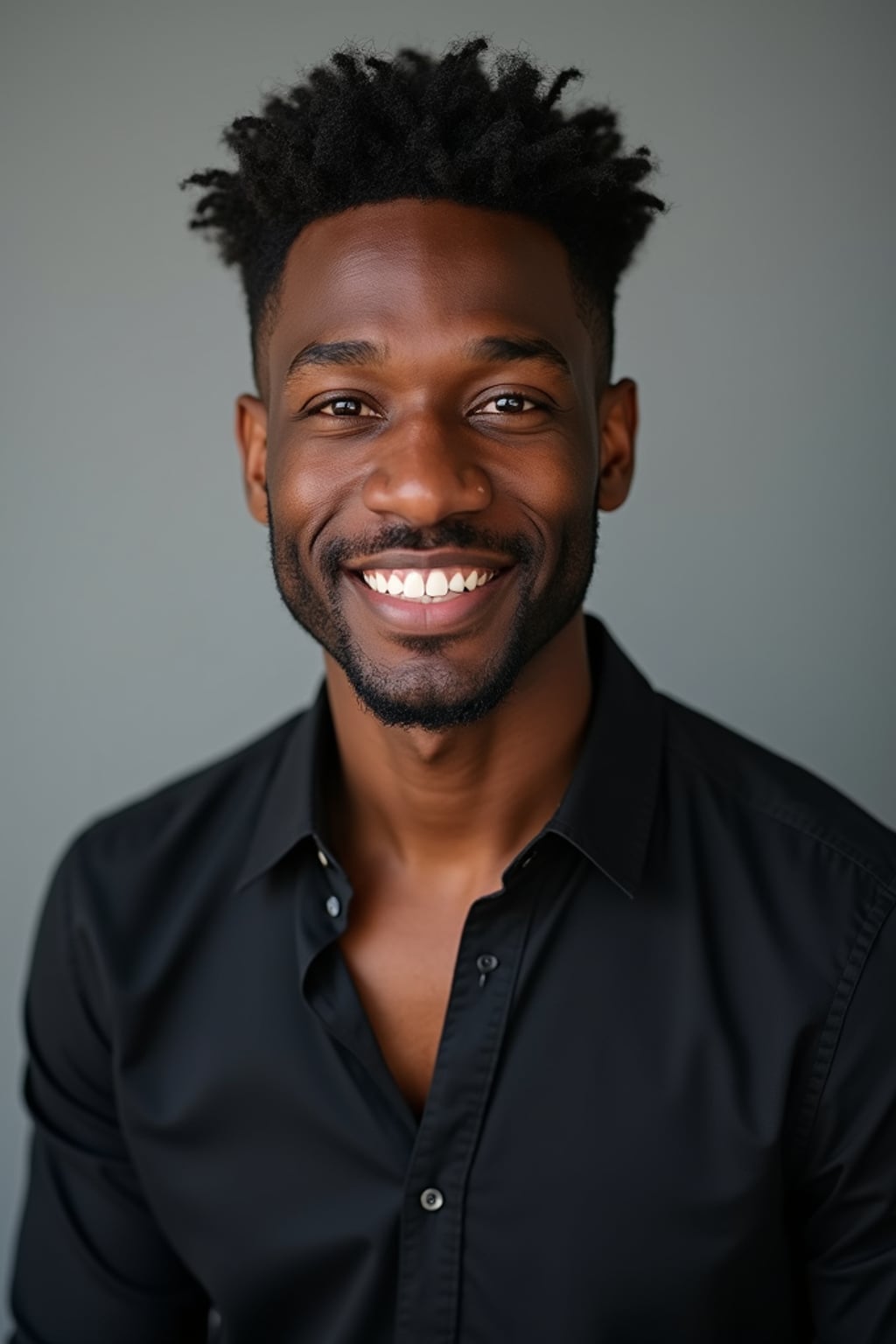 A professional actor headshot of a confident man, taken in a well-lit studio with a plain backdrop. The man is dressed in  a fitted dark-colored shirt with neatly styled hair. The lighting is soft and even, highlighting their facial features with a natural and approachable expression. The focus is sharp, capturing the man's eyes and subtle smile, creating a perfect headshot for auditions and casting calls.