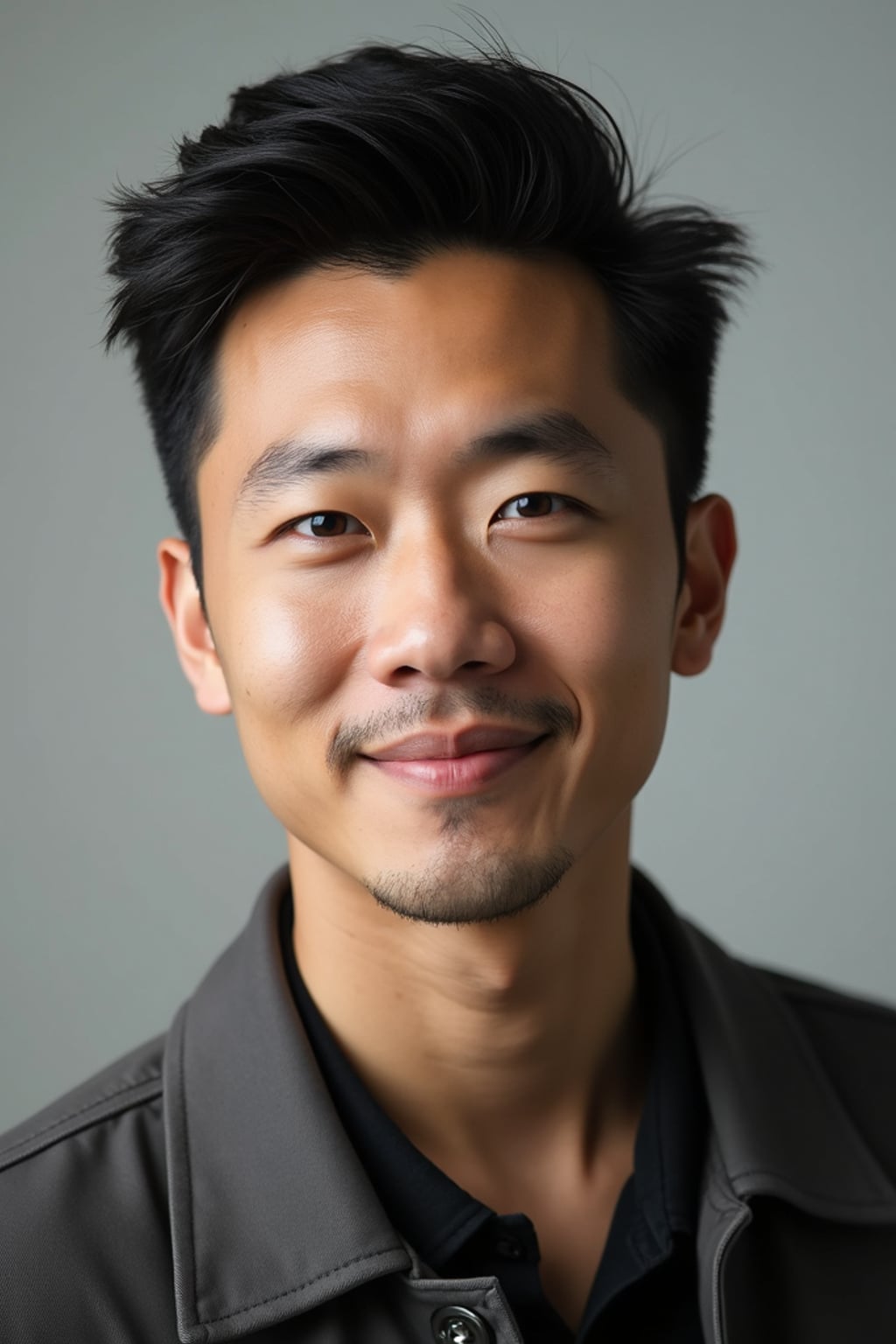 A comedic actor headshot featuring a subtle smirk and expressive eyes, taken in a well-lit professional studio. The man is dressed in  a modern fitted casual jacket or blazer, styled effortlessly for a relatable yet polished look. The background is neutral, ensuring the subject stands out. The lighting highlights natural features, capturing an inviting and charismatic presence, perfect for comedy auditions, film roles, and industry portfolios.