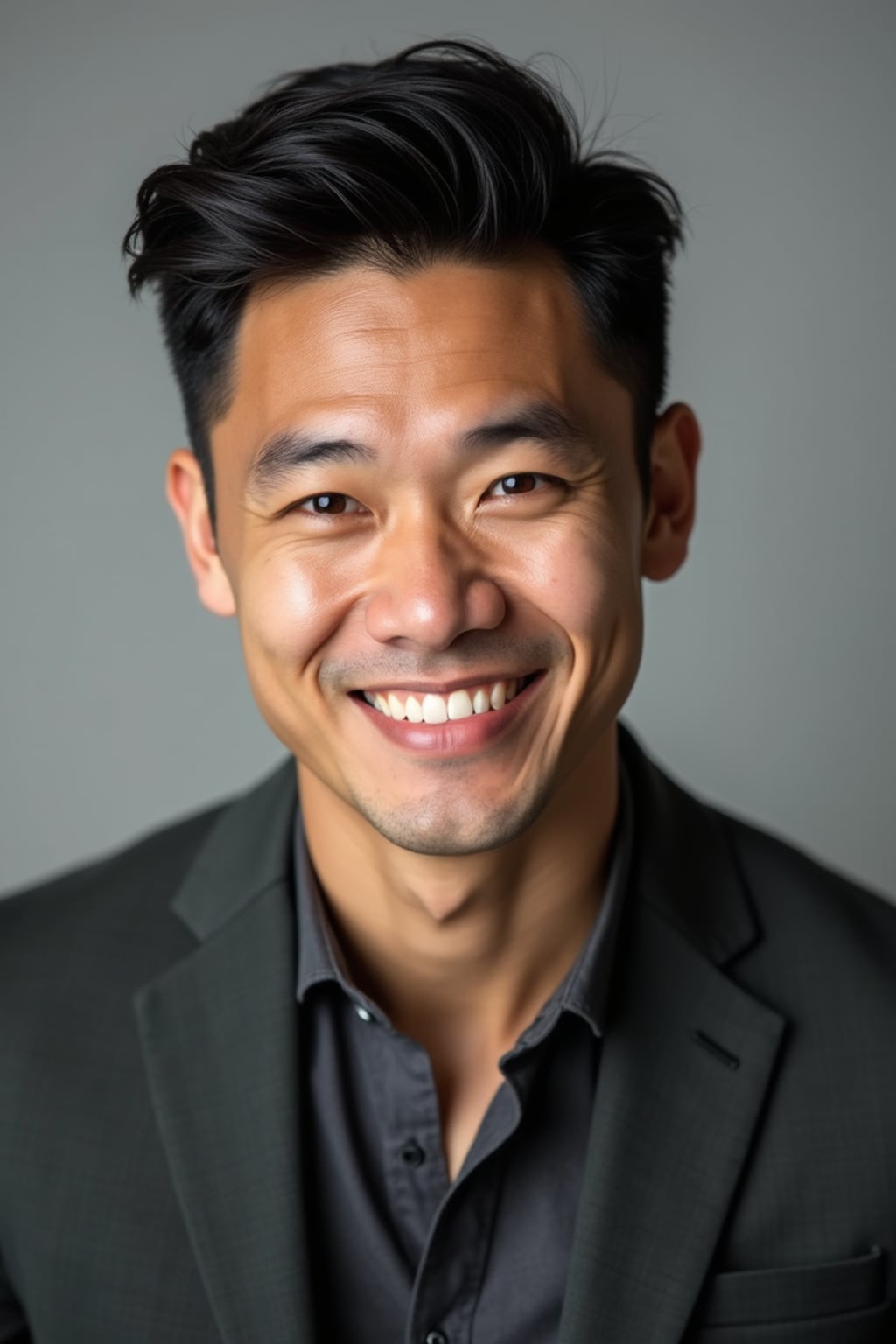 A comedic actor headshot featuring a subtle smirk and expressive eyes, taken in a well-lit professional studio. The man is dressed in  a modern fitted casual jacket or blazer, styled effortlessly for a relatable yet polished look. The background is neutral, ensuring the subject stands out. The lighting highlights natural features, capturing an inviting and charismatic presence, perfect for comedy auditions, film roles, and industry portfolios.