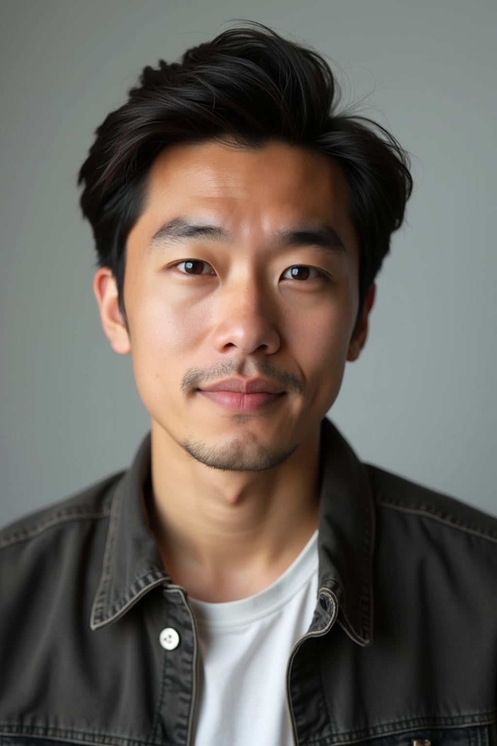 A comedic actor headshot featuring a subtle smirk and expressive eyes, taken in a well-lit professional studio. The man is dressed in  a modern fitted casual jacket or blazer, styled effortlessly for a relatable yet polished look. The background is neutral, ensuring the subject stands out. The lighting highlights natural features, capturing an inviting and charismatic presence, perfect for comedy auditions, film roles, and industry portfolios.