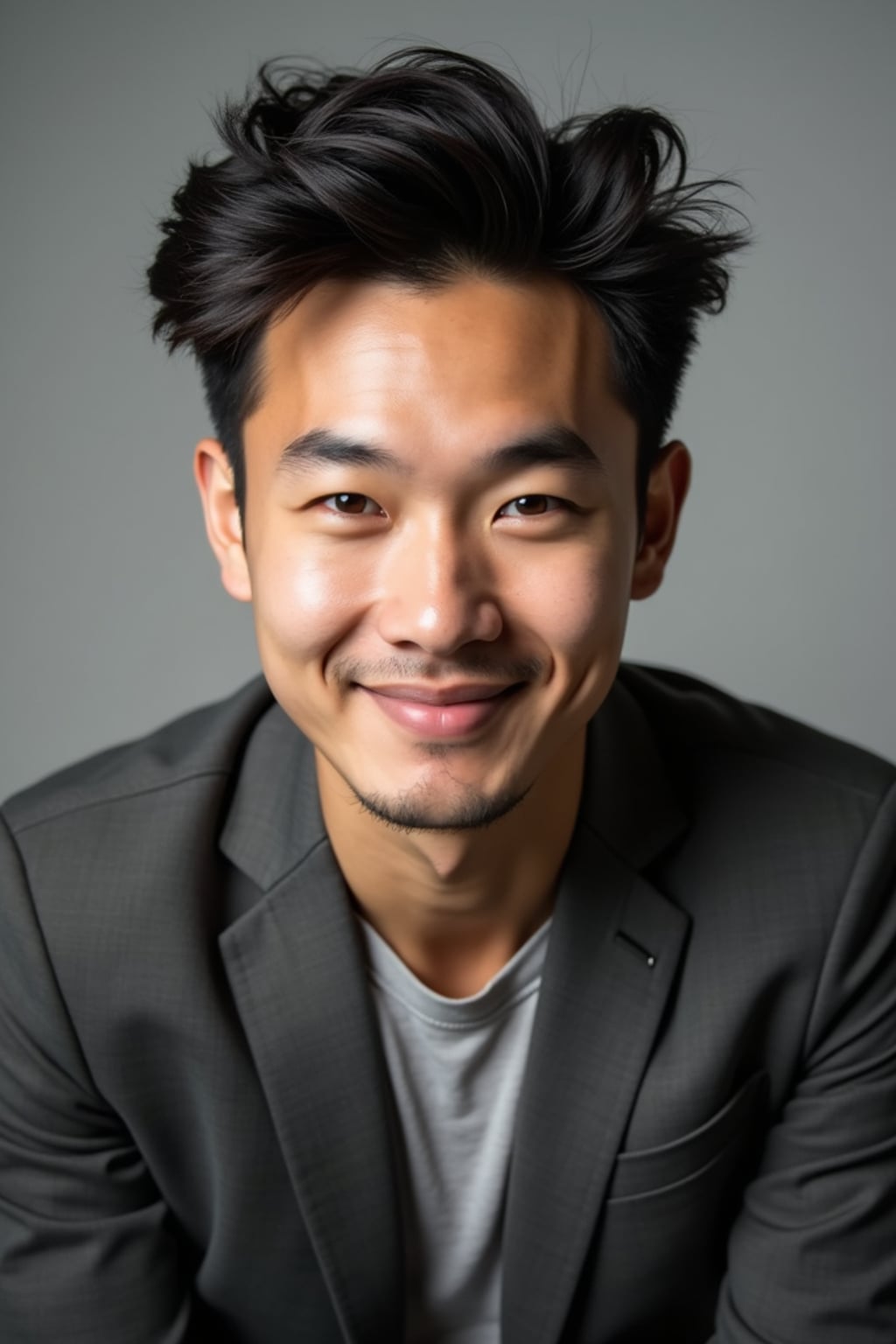 A comedic actor headshot featuring a subtle smirk and expressive eyes, taken in a well-lit professional studio. The man is dressed in  a modern fitted casual jacket or blazer, styled effortlessly for a relatable yet polished look. The background is neutral, ensuring the subject stands out. The lighting highlights natural features, capturing an inviting and charismatic presence, perfect for comedy auditions, film roles, and industry portfolios.