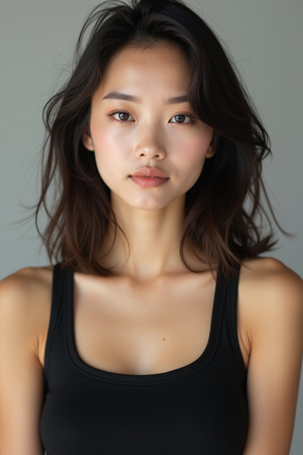 A professional photography woman headshot of a confident woman, taken in a well-lit studio with a clean, neutral backdrop. The woman is dressed in a sleek, minimal black tank top with natural makeup and loose, effortless waves , ensuring a polished yet natural look. The lighting is soft and even, accentuating the woman’s bone structure, skin texture, and striking features. The focus is sharp, with a clear emphasis on the woman\'s eyes and subtle expression, creating the perfect headshot for agency submissions, portfolio updates, and professional branding in fashion and commercial womaning.