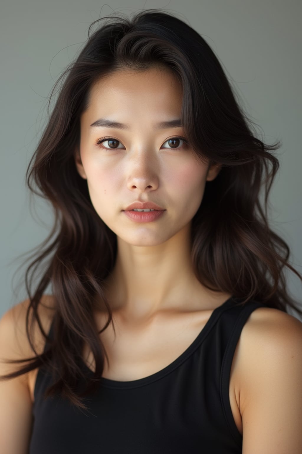 A professional photography woman headshot of a confident woman, taken in a well-lit studio with a clean, neutral backdrop. The woman is dressed in a sleek, minimal black tank top with natural makeup and loose, effortless waves , ensuring a polished yet natural look. The lighting is soft and even, accentuating the woman’s bone structure, skin texture, and striking features. The focus is sharp, with a clear emphasis on the woman\'s eyes and subtle expression, creating the perfect headshot for agency submissions, portfolio updates, and professional branding in fashion and commercial womaning.