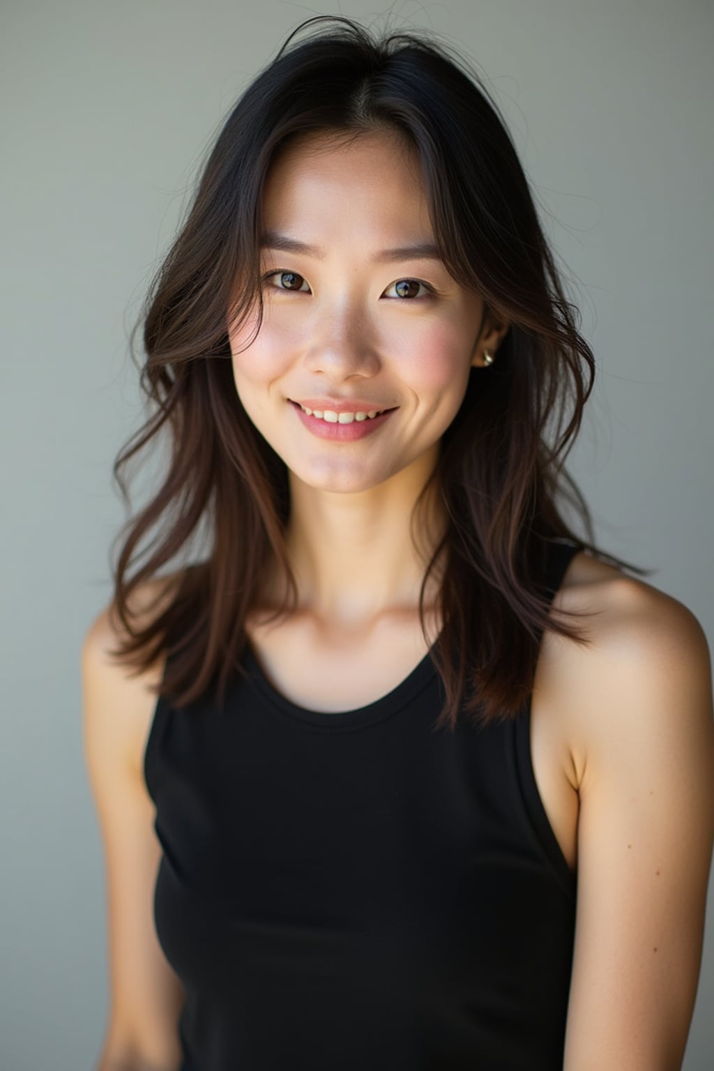 A professional photography woman headshot of a confident woman, taken in a well-lit studio with a clean, neutral backdrop. The woman is dressed in a sleek, minimal black tank top with natural makeup and loose, effortless waves , ensuring a polished yet natural look. The lighting is soft and even, accentuating the woman’s bone structure, skin texture, and striking features. The focus is sharp, with a clear emphasis on the woman\'s eyes and subtle expression, creating the perfect headshot for agency submissions, portfolio updates, and professional branding in fashion and commercial womaning.