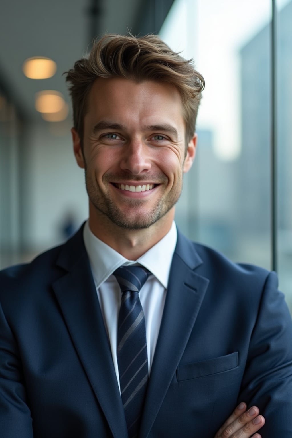 8k professional headshot of man, crisp details, studio backdrop, executive attire, confident posture, neutral expression, high-definition, corporate setting, sharp focus, ambient lighting, business professional, cityscape view