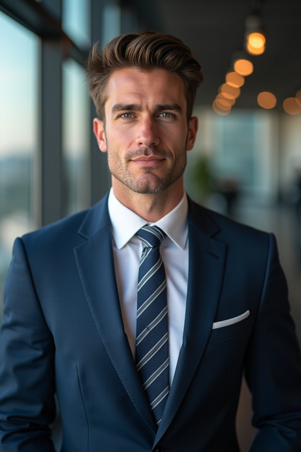 8k professional headshot of man, crisp details, studio backdrop, executive attire, confident posture, neutral expression, high-definition, corporate setting, sharp focus, ambient lighting, business professional, cityscape view