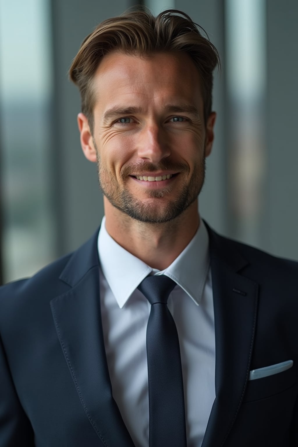 8k professional headshot of man, crisp details, studio backdrop, executive attire, confident posture, neutral expression, high-definition, corporate setting, sharp focus, ambient lighting, business professional, cityscape view