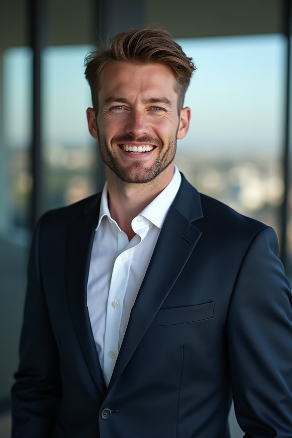 8k professional headshot of man, crisp details, studio backdrop, executive attire, confident posture, neutral expression, high-definition, corporate setting, sharp focus, ambient lighting, business professional, cityscape view
