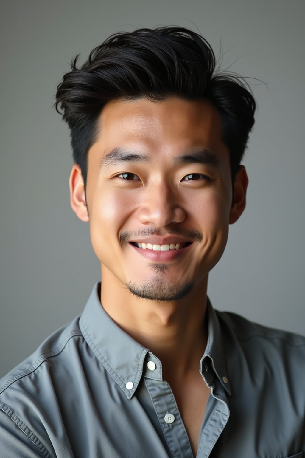 A professional comedian headshot taken in a well-lit studio with a clean, neutral backdrop. The man is dressed in  a fitted button-up shirt or a casual jacket with neatly styled hair, ensuring a polished yet approachable look. The lighting is soft and even, highlighting the man’s expressive face, charisma, and subtle comedic charm. The focus is sharp, capturing a warm and inviting expression, creating the perfect headshot for stand-up comedians, improv actors, and comedic performers.