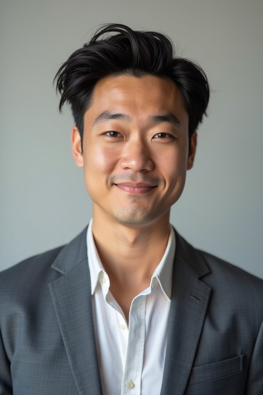 A professional comedian headshot taken in a well-lit studio with a clean, neutral backdrop. The man is dressed in  a fitted button-up shirt or a casual jacket with neatly styled hair, ensuring a polished yet approachable look. The lighting is soft and even, highlighting the man’s expressive face, charisma, and subtle comedic charm. The focus is sharp, capturing a warm and inviting expression, creating the perfect headshot for stand-up comedians, improv actors, and comedic performers.