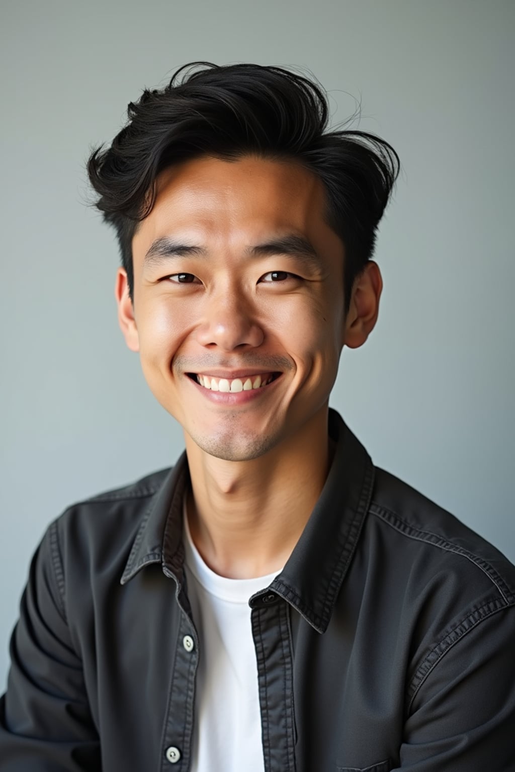 A professional comedian headshot taken in a well-lit studio with a clean, neutral backdrop. The man is dressed in  a fitted button-up shirt or a casual jacket with neatly styled hair, ensuring a polished yet approachable look. The lighting is soft and even, highlighting the man’s expressive face, charisma, and subtle comedic charm. The focus is sharp, capturing a warm and inviting expression, creating the perfect headshot for stand-up comedians, improv actors, and comedic performers.
