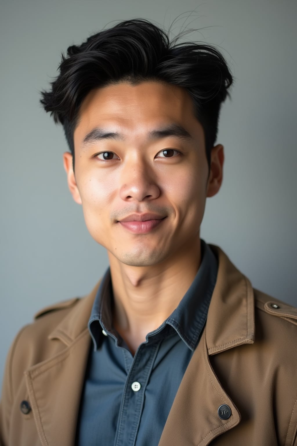 A professional comedian headshot taken in a well-lit studio with a clean, neutral backdrop. The man is dressed in  a fitted button-up shirt or a casual jacket with neatly styled hair, ensuring a polished yet approachable look. The lighting is soft and even, highlighting the man’s expressive face, charisma, and subtle comedic charm. The focus is sharp, capturing a warm and inviting expression, creating the perfect headshot for stand-up comedians, improv actors, and comedic performers.