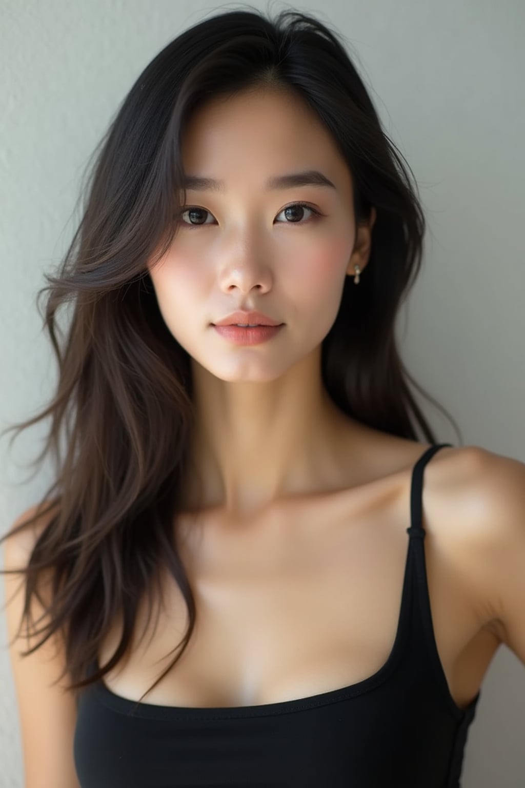 A professional photography woman headshot of a confident woman, taken in a well-lit studio with a clean, neutral backdrop. The woman is dressed in a sleek, minimal black tank top with natural makeup and loose, effortless waves , ensuring a polished yet natural look. The lighting is soft and even, accentuating the woman’s bone structure, skin texture, and striking features. The focus is sharp, with a clear emphasis on the woman\'s eyes and subtle expression, creating the perfect headshot for agency submissions, portfolio updates, and professional branding in fashion and commercial womaning.