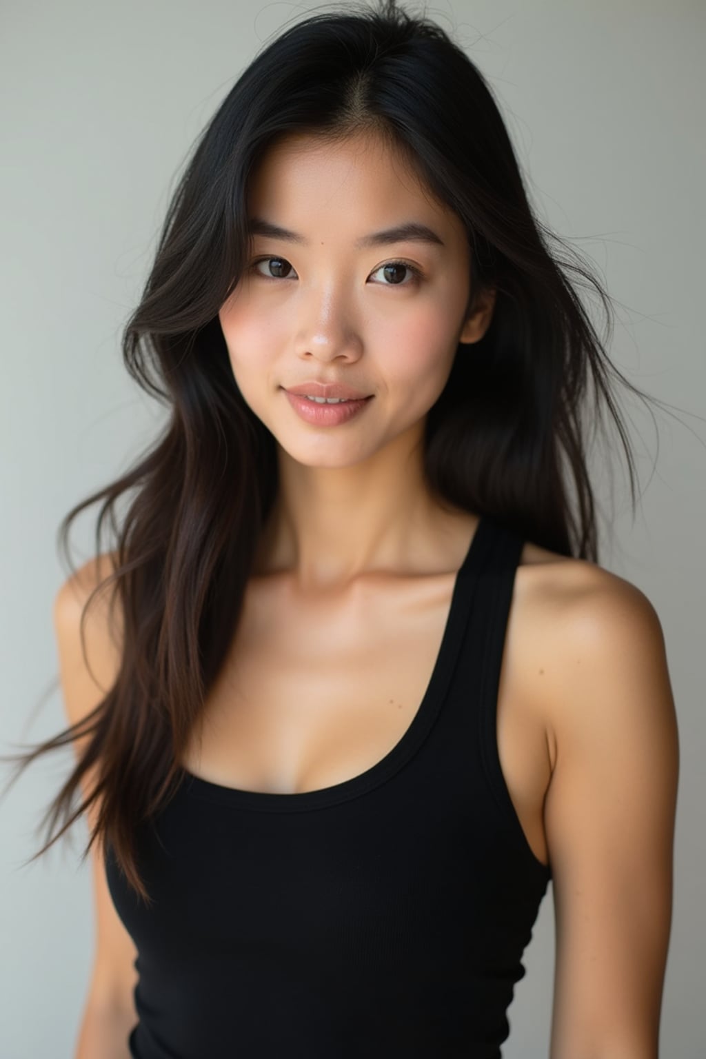 A professional photography woman headshot of a confident woman, taken in a well-lit studio with a clean, neutral backdrop. The woman is dressed in a sleek, minimal black tank top with natural makeup and loose, effortless waves , ensuring a polished yet natural look. The lighting is soft and even, accentuating the woman’s bone structure, skin texture, and striking features. The focus is sharp, with a clear emphasis on the woman\'s eyes and subtle expression, creating the perfect headshot for agency submissions, portfolio updates, and professional branding in fashion and commercial womaning.