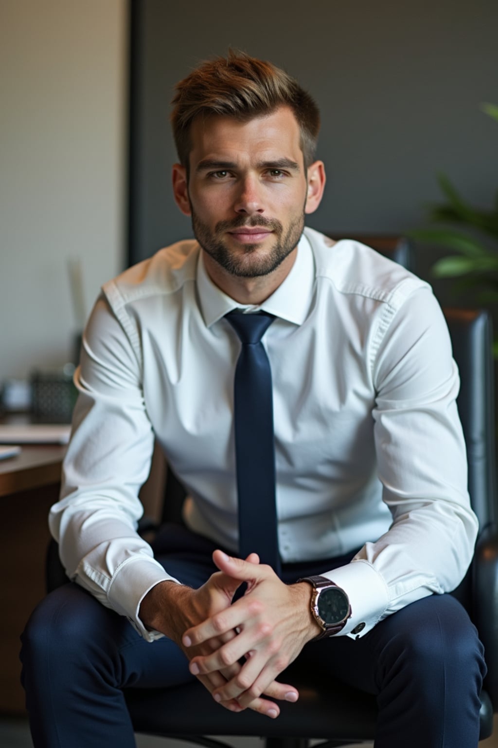 headshot of man, sitting at a desk, at a (office),  shirt and tie and suit pants