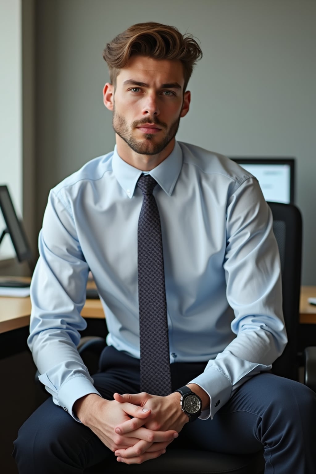 headshot of man, sitting at a desk, at a (office),  shirt and tie and suit pants