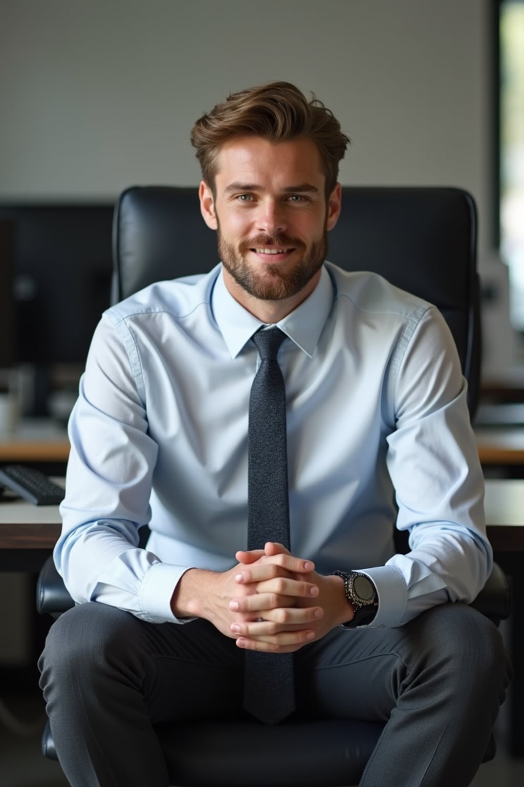 headshot of man, sitting at a desk, at a (office),  shirt and tie and suit pants