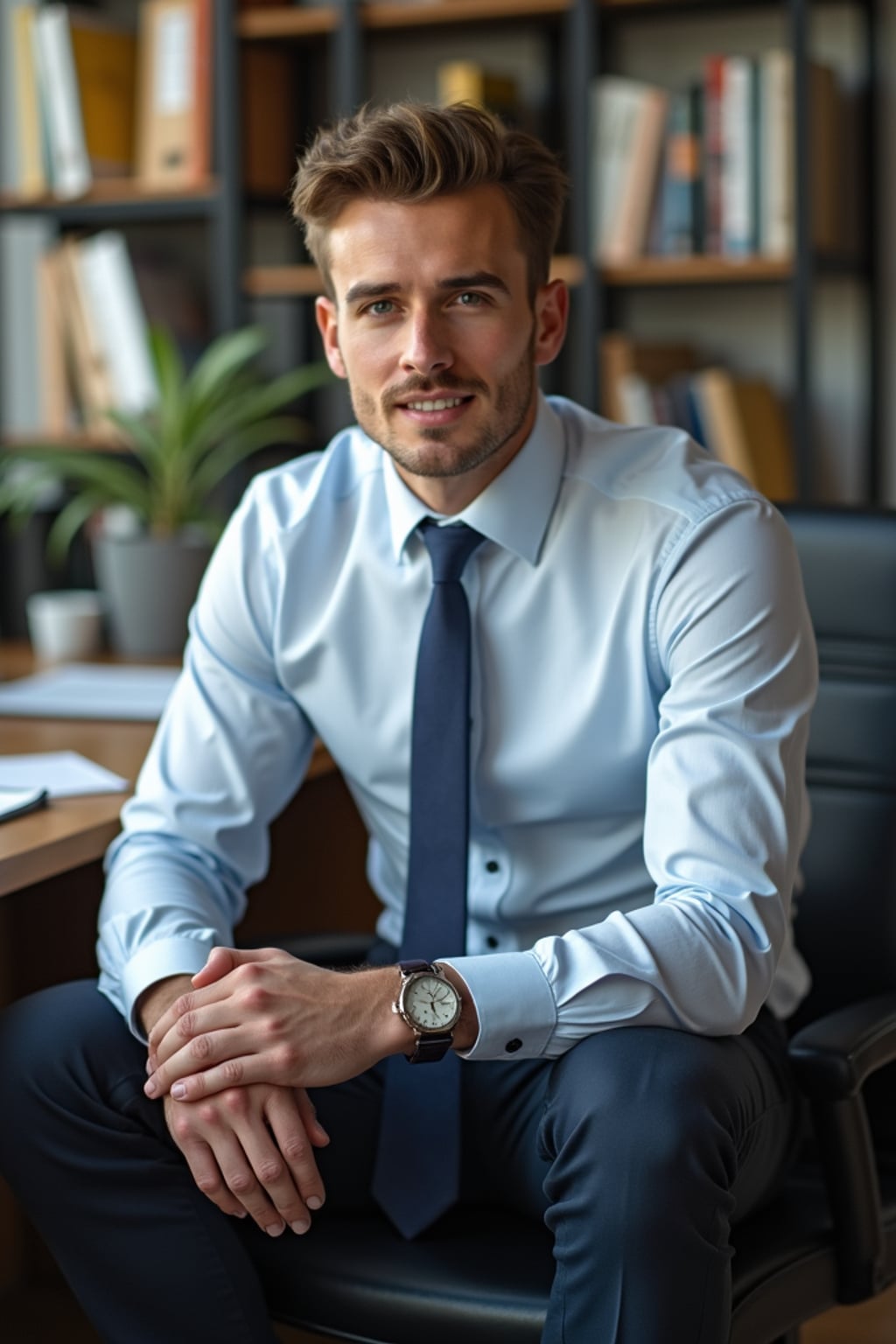 headshot of man, sitting at a desk, at a (office),  shirt and tie and suit pants