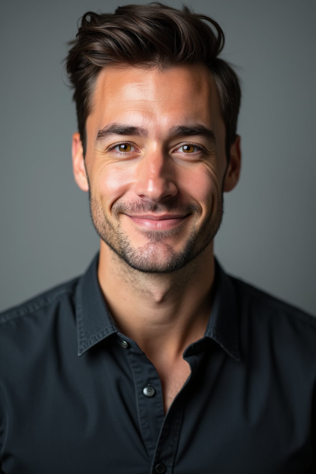 A professional actor headshot of a confident man, taken in a well-lit studio with a plain backdrop. The man is dressed in  a fitted dark-colored shirt with neatly styled hair. The lighting is soft and even, highlighting their facial features with a natural and approachable expression. The focus is sharp, capturing the man's eyes and subtle smile, creating a perfect headshot for auditions and casting calls.