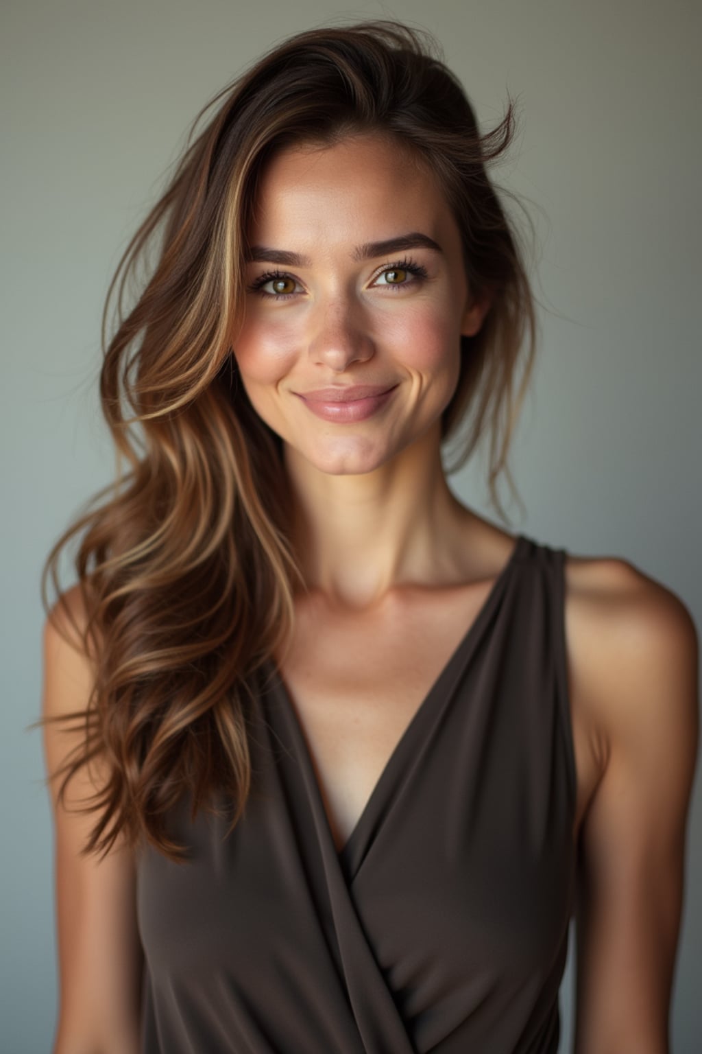 A comedic actor headshot featuring a subtle smirk and expressive eyes, taken in a well-lit professional studio. The woman is dressed in a sleek top with a bit of personality, styled hair, and a confident gaze . The background is neutral, ensuring the subject stands out. The lighting highlights natural features, capturing an inviting and charismatic presence, perfect for comedy auditions, film roles, and industry portfolios.