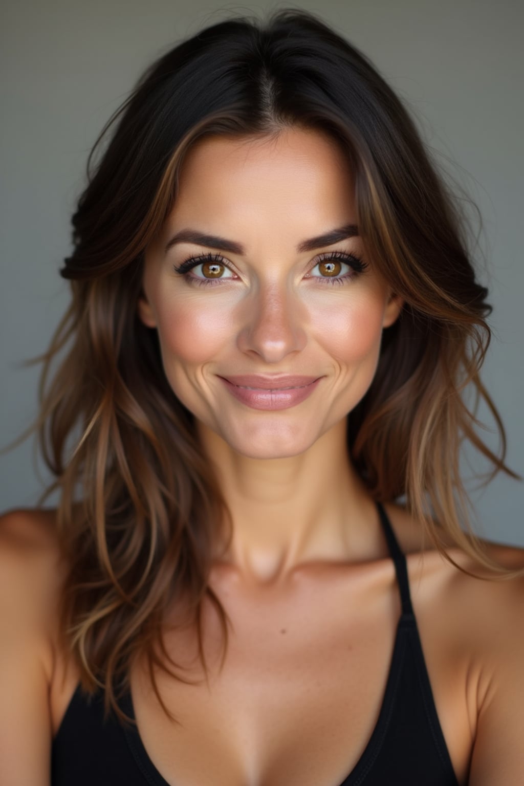 A comedic actor headshot featuring a subtle smirk and expressive eyes, taken in a well-lit professional studio. The woman is dressed in a sleek top with a bit of personality, styled hair, and a confident gaze . The background is neutral, ensuring the subject stands out. The lighting highlights natural features, capturing an inviting and charismatic presence, perfect for comedy auditions, film roles, and industry portfolios.