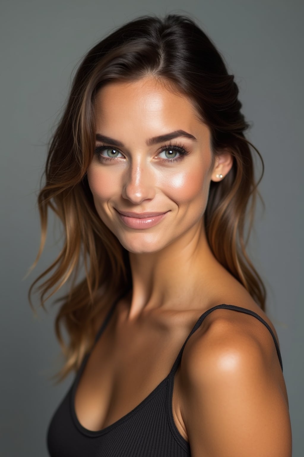 A comedic actor headshot featuring a subtle smirk and expressive eyes, taken in a well-lit professional studio. The woman is dressed in a sleek top with a bit of personality, styled hair, and a confident gaze . The background is neutral, ensuring the subject stands out. The lighting highlights natural features, capturing an inviting and charismatic presence, perfect for comedy auditions, film roles, and industry portfolios.
