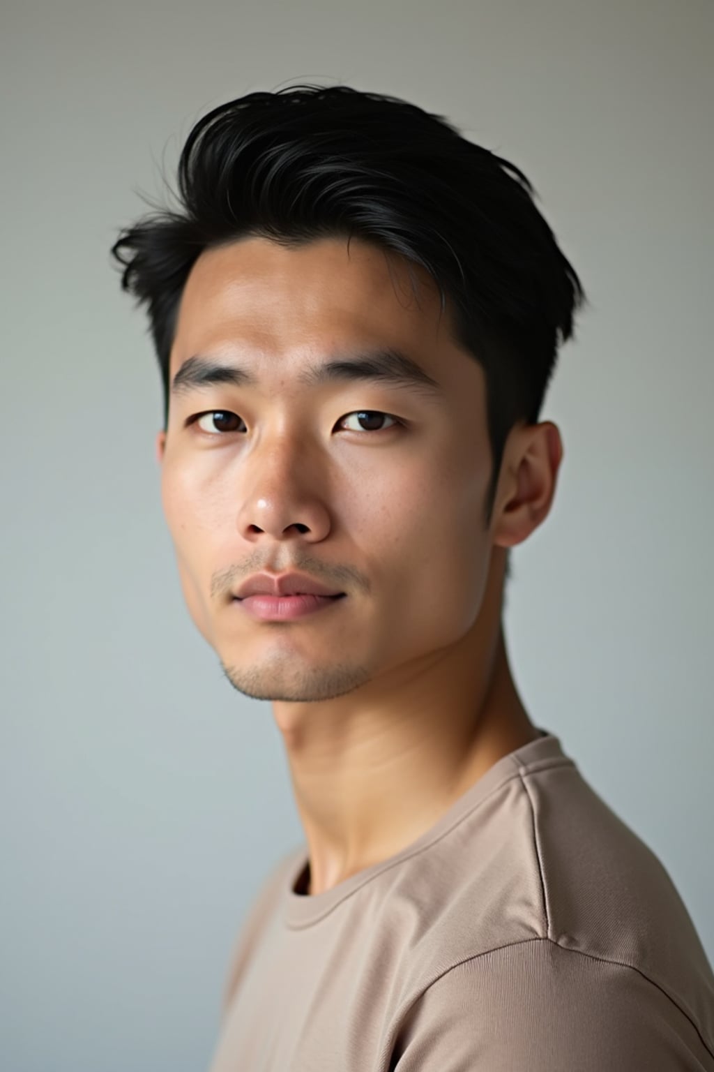 A professional photography man headshot of a confident man, taken in a well-lit studio with a clean, neutral backdrop. The man is dressed in  a fitted, neutral-colored crewneck shirt with neatly styled hair, ensuring a polished yet natural look. The lighting is soft and even, accentuating the man’s bone structure, skin texture, and striking features. The focus is sharp, with a clear emphasis on the man\'s eyes and subtle expression, creating the perfect headshot for agency submissions, portfolio updates, and professional branding in fashion and commercial maning.