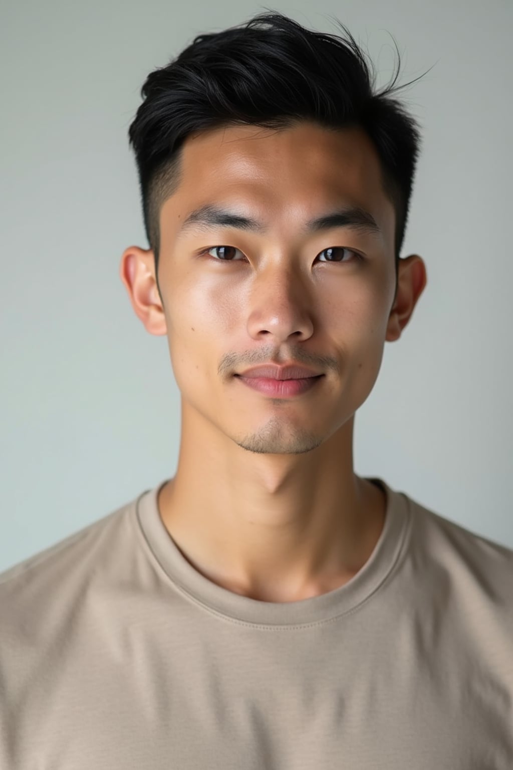 A professional photography man headshot of a confident man, taken in a well-lit studio with a clean, neutral backdrop. The man is dressed in  a fitted, neutral-colored crewneck shirt with neatly styled hair, ensuring a polished yet natural look. The lighting is soft and even, accentuating the man’s bone structure, skin texture, and striking features. The focus is sharp, with a clear emphasis on the man\'s eyes and subtle expression, creating the perfect headshot for agency submissions, portfolio updates, and professional branding in fashion and commercial maning.
