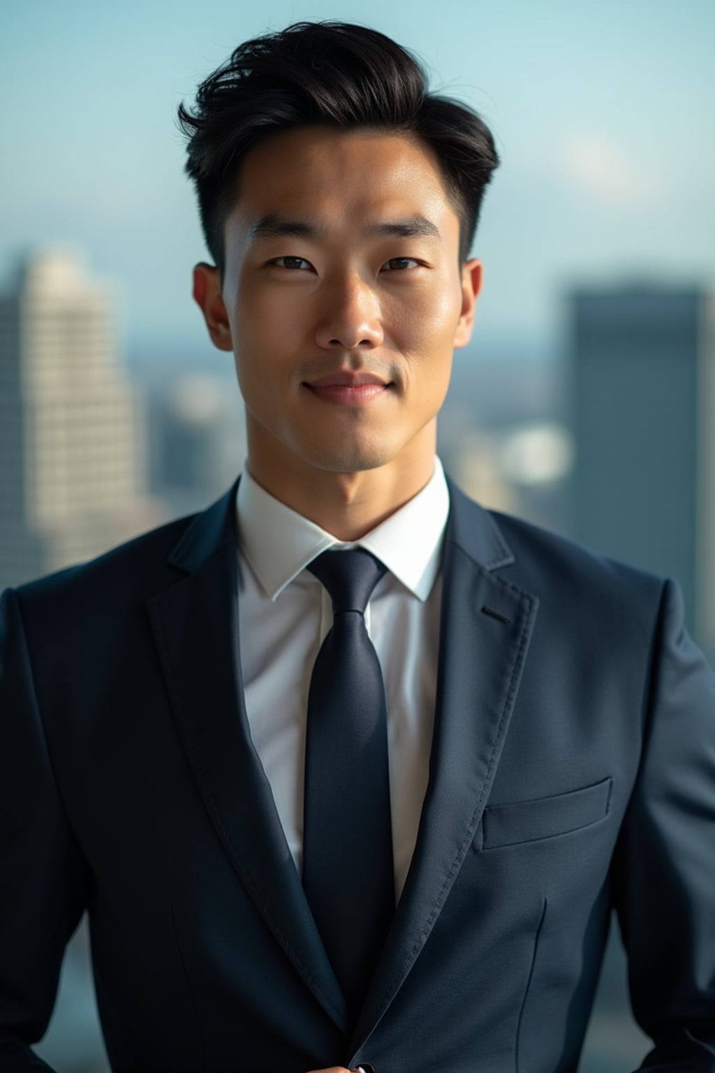 8k professional headshot of man, crisp details, studio backdrop, executive attire, confident posture, neutral expression, high-definition, corporate setting, sharp focus, ambient lighting, business professional, cityscape view