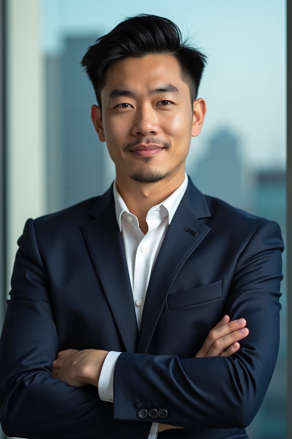 8k professional headshot of man, crisp details, studio backdrop, executive attire, confident posture, neutral expression, high-definition, corporate setting, sharp focus, ambient lighting, business professional, cityscape view