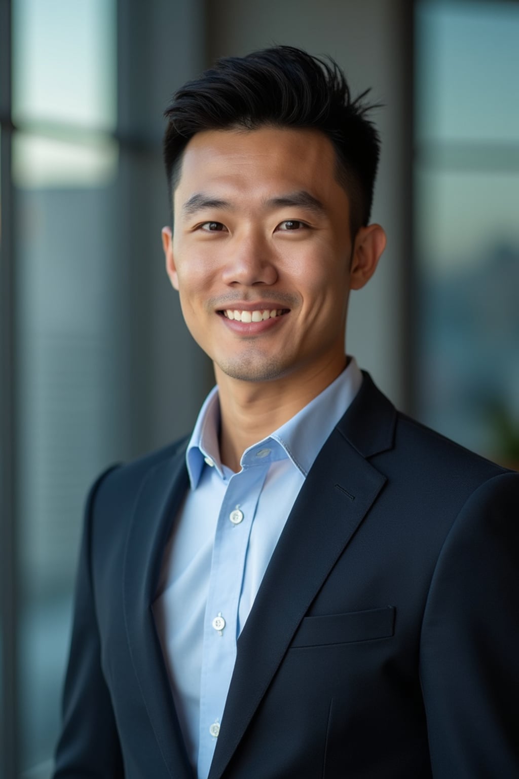 8k professional headshot of man, crisp details, studio backdrop, executive attire, confident posture, neutral expression, high-definition, corporate setting, sharp focus, ambient lighting, business professional, cityscape view