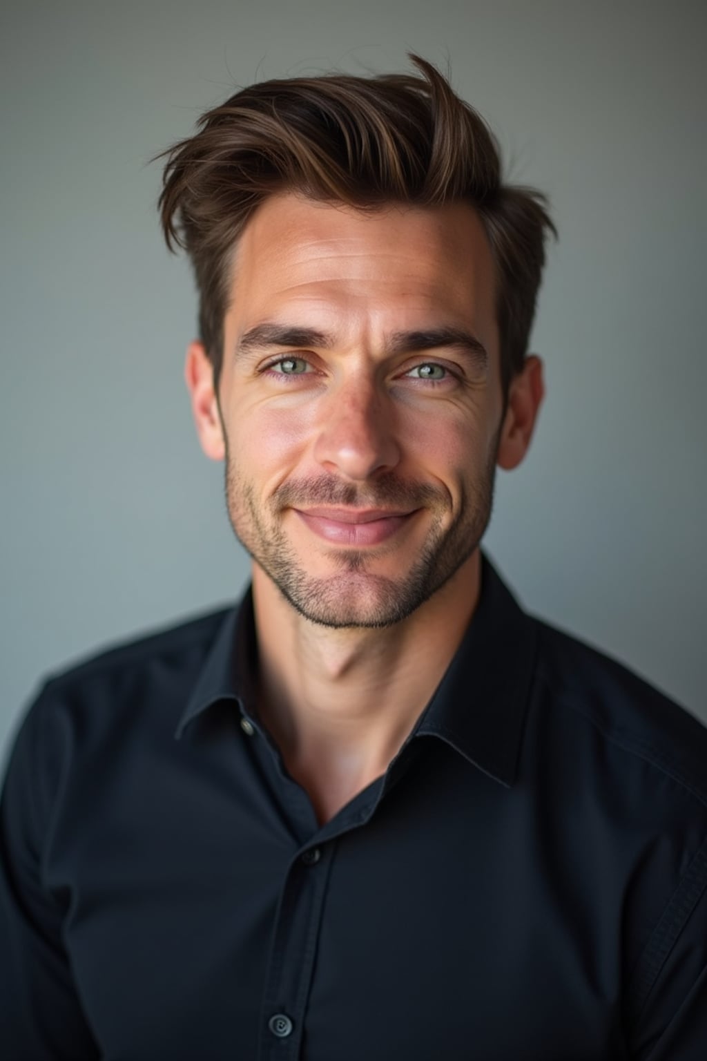 A professional actor headshot of a confident man, taken in a well-lit studio with a plain backdrop. The man is dressed in  a fitted dark-colored shirt with neatly styled hair. The lighting is soft and even, highlighting their facial features with a natural and approachable expression. The focus is sharp, capturing the man's eyes and subtle smile, creating a perfect headshot for auditions and casting calls.
