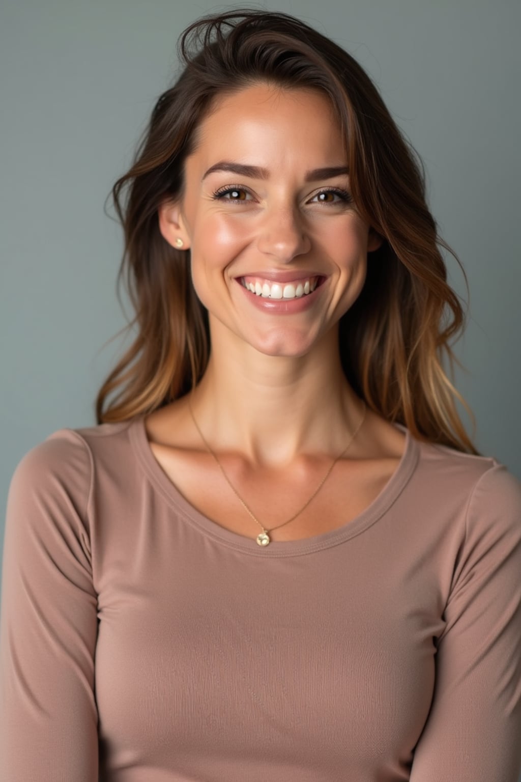A professional comedian headshot taken in a well-lit studio with a clean, neutral backdrop. The woman is dressed in a stylish yet playful fitted top with natural makeup and a confident smile , ensuring a polished yet approachable look. The lighting is soft and even, highlighting the woman’s expressive face, charisma, and subtle comedic charm. The focus is sharp, capturing a warm and inviting expression, creating the perfect headshot for stand-up comedians, improv actors, and comedic performers.