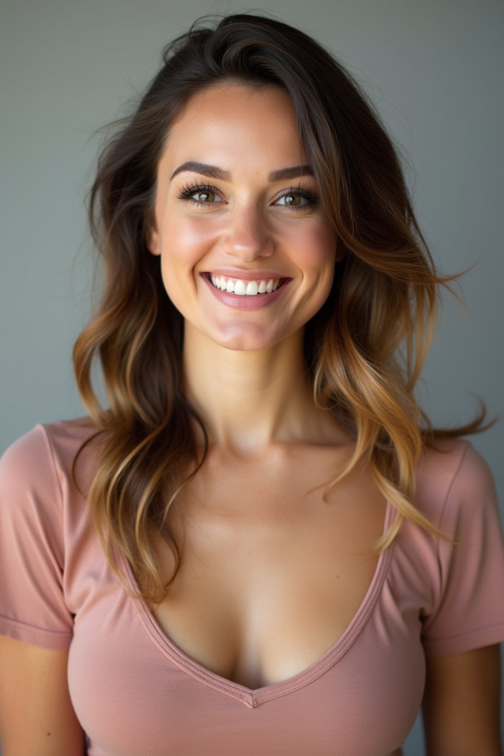 A professional comedian headshot taken in a well-lit studio with a clean, neutral backdrop. The woman is dressed in a stylish yet playful fitted top with natural makeup and a confident smile , ensuring a polished yet approachable look. The lighting is soft and even, highlighting the woman’s expressive face, charisma, and subtle comedic charm. The focus is sharp, capturing a warm and inviting expression, creating the perfect headshot for stand-up comedians, improv actors, and comedic performers.