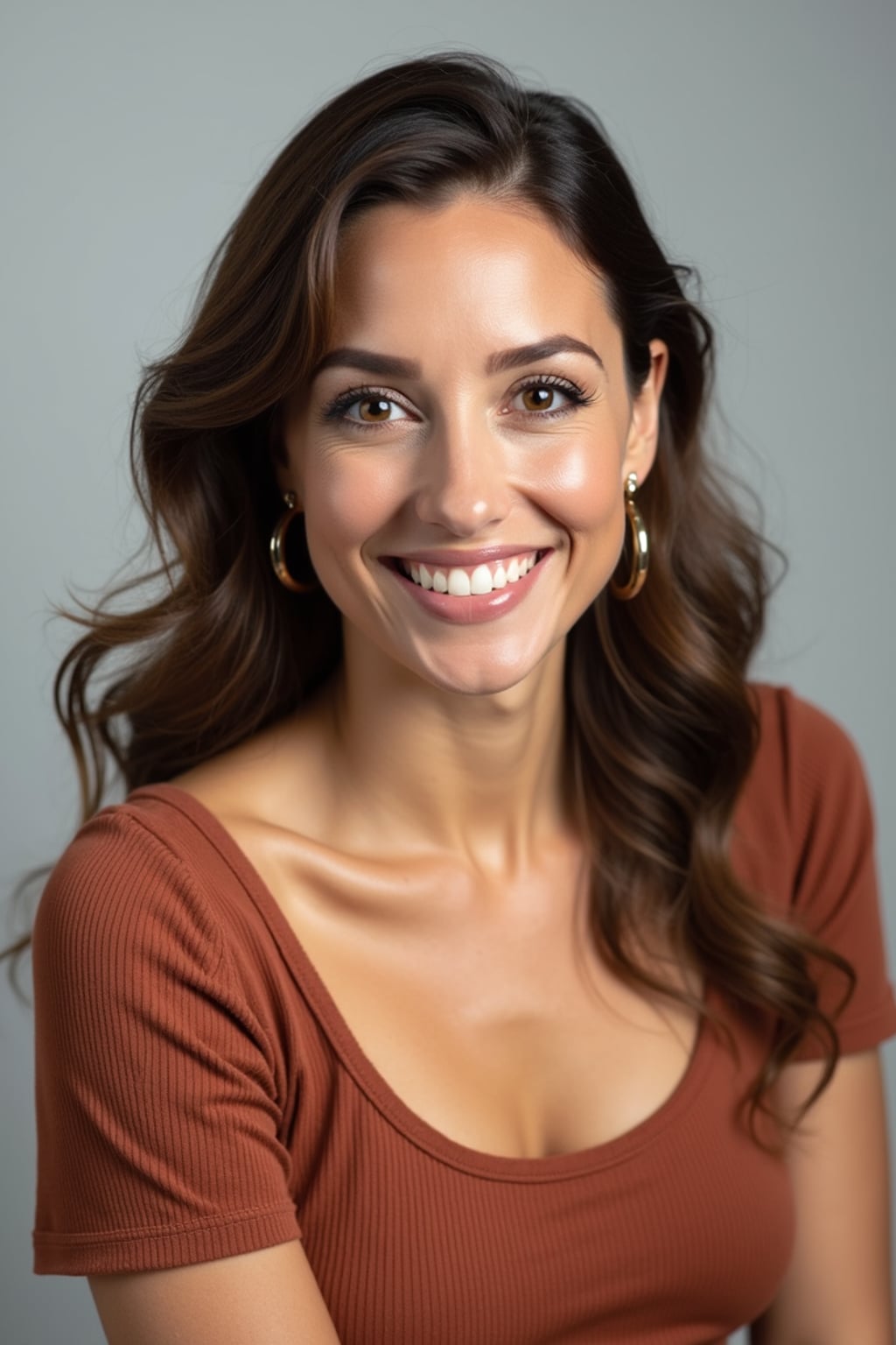 A professional comedian headshot taken in a well-lit studio with a clean, neutral backdrop. The woman is dressed in a stylish yet playful fitted top with natural makeup and a confident smile , ensuring a polished yet approachable look. The lighting is soft and even, highlighting the woman’s expressive face, charisma, and subtle comedic charm. The focus is sharp, capturing a warm and inviting expression, creating the perfect headshot for stand-up comedians, improv actors, and comedic performers.
