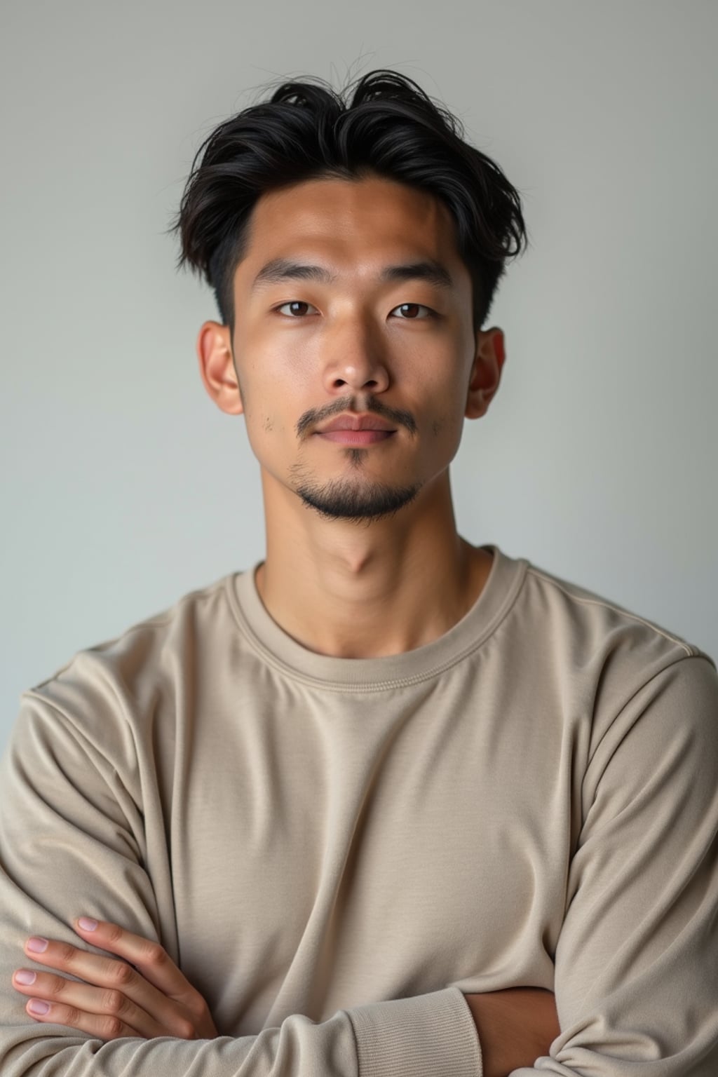 A professional photography man headshot of a confident man, taken in a well-lit studio with a clean, neutral backdrop. The man is dressed in  a fitted, neutral-colored crewneck shirt with neatly styled hair, ensuring a polished yet natural look. The lighting is soft and even, accentuating the man’s bone structure, skin texture, and striking features. The focus is sharp, with a clear emphasis on the man\'s eyes and subtle expression, creating the perfect headshot for agency submissions, portfolio updates, and professional branding in fashion and commercial maning.