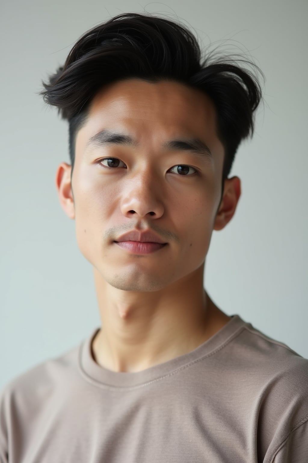 A professional photography man headshot of a confident man, taken in a well-lit studio with a clean, neutral backdrop. The man is dressed in  a fitted, neutral-colored crewneck shirt with neatly styled hair, ensuring a polished yet natural look. The lighting is soft and even, accentuating the man’s bone structure, skin texture, and striking features. The focus is sharp, with a clear emphasis on the man\'s eyes and subtle expression, creating the perfect headshot for agency submissions, portfolio updates, and professional branding in fashion and commercial maning.