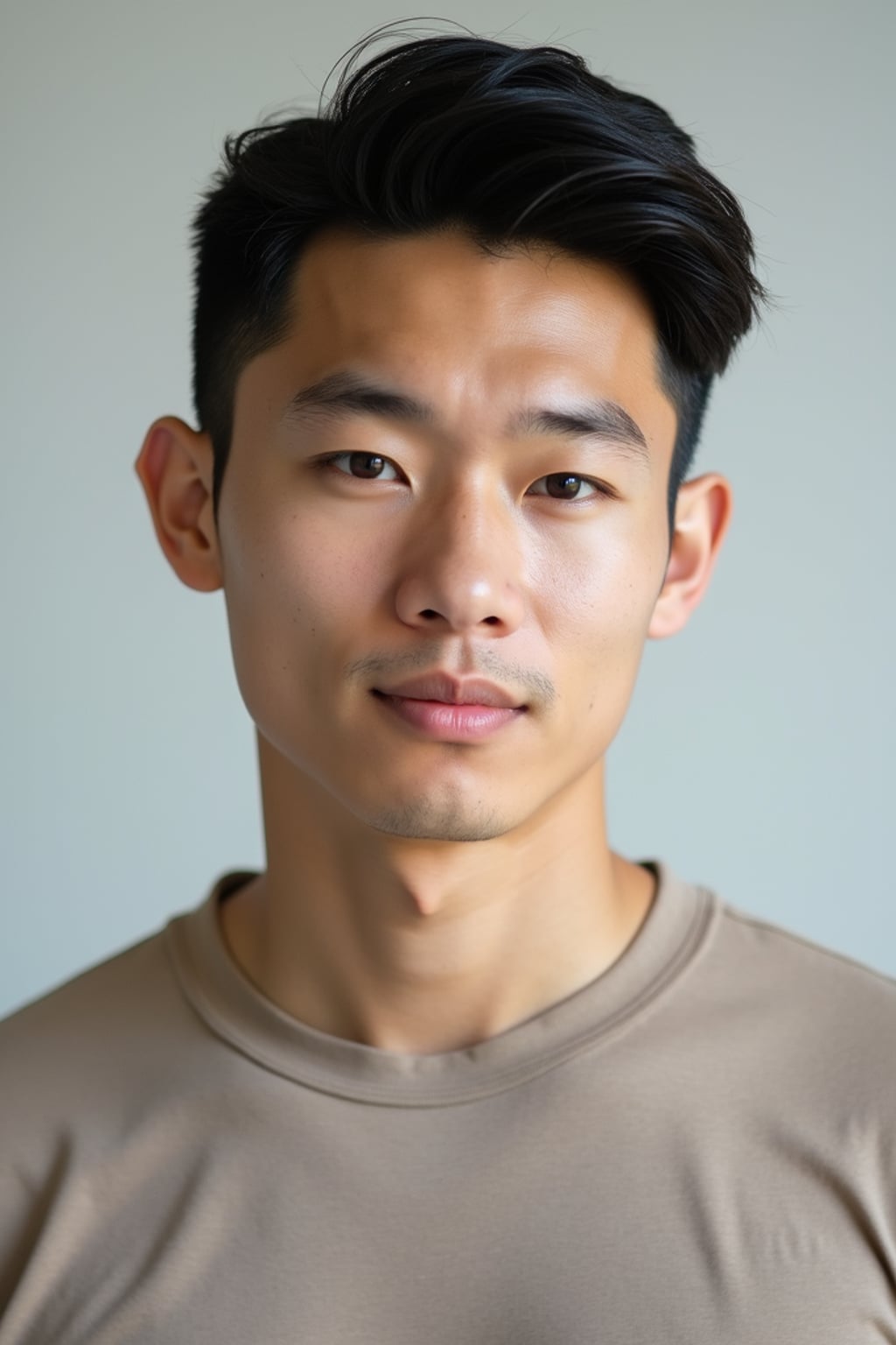 A professional photography man headshot of a confident man, taken in a well-lit studio with a clean, neutral backdrop. The man is dressed in  a fitted, neutral-colored crewneck shirt with neatly styled hair, ensuring a polished yet natural look. The lighting is soft and even, accentuating the man’s bone structure, skin texture, and striking features. The focus is sharp, with a clear emphasis on the man\'s eyes and subtle expression, creating the perfect headshot for agency submissions, portfolio updates, and professional branding in fashion and commercial maning.