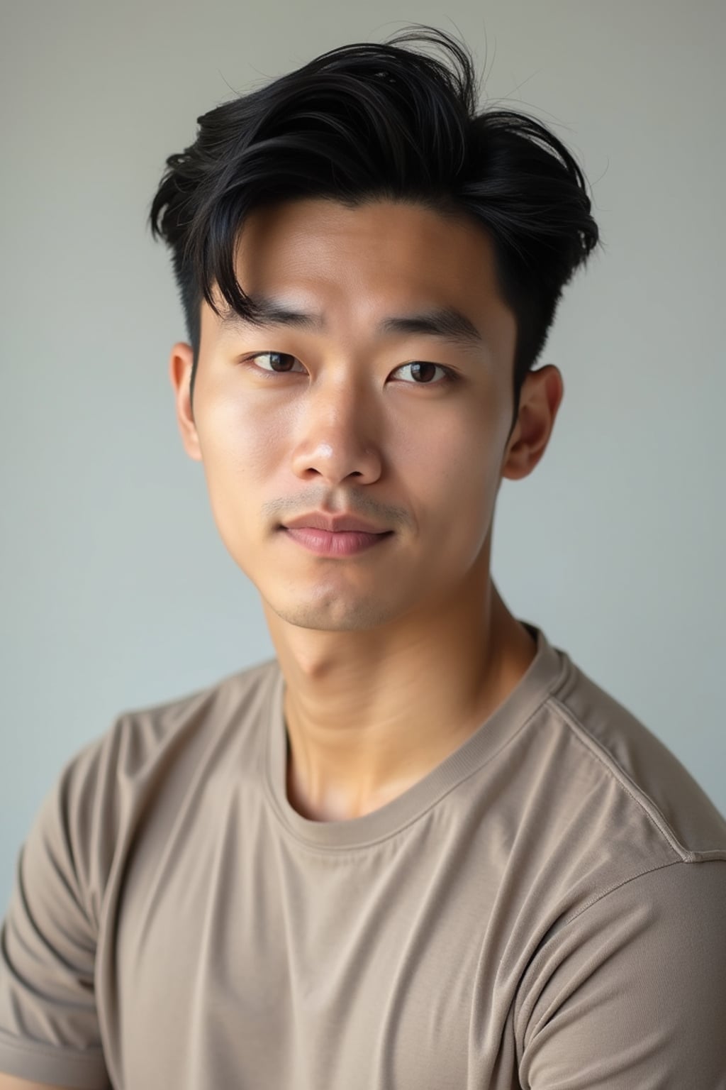A professional photography man headshot of a confident man, taken in a well-lit studio with a clean, neutral backdrop. The man is dressed in  a fitted, neutral-colored crewneck shirt with neatly styled hair, ensuring a polished yet natural look. The lighting is soft and even, accentuating the man’s bone structure, skin texture, and striking features. The focus is sharp, with a clear emphasis on the man\'s eyes and subtle expression, creating the perfect headshot for agency submissions, portfolio updates, and professional branding in fashion and commercial maning.