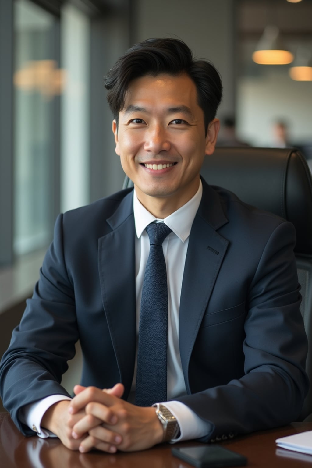 headshot of man, sitting at a desk, at a (office),  shirt and tie and suit pants