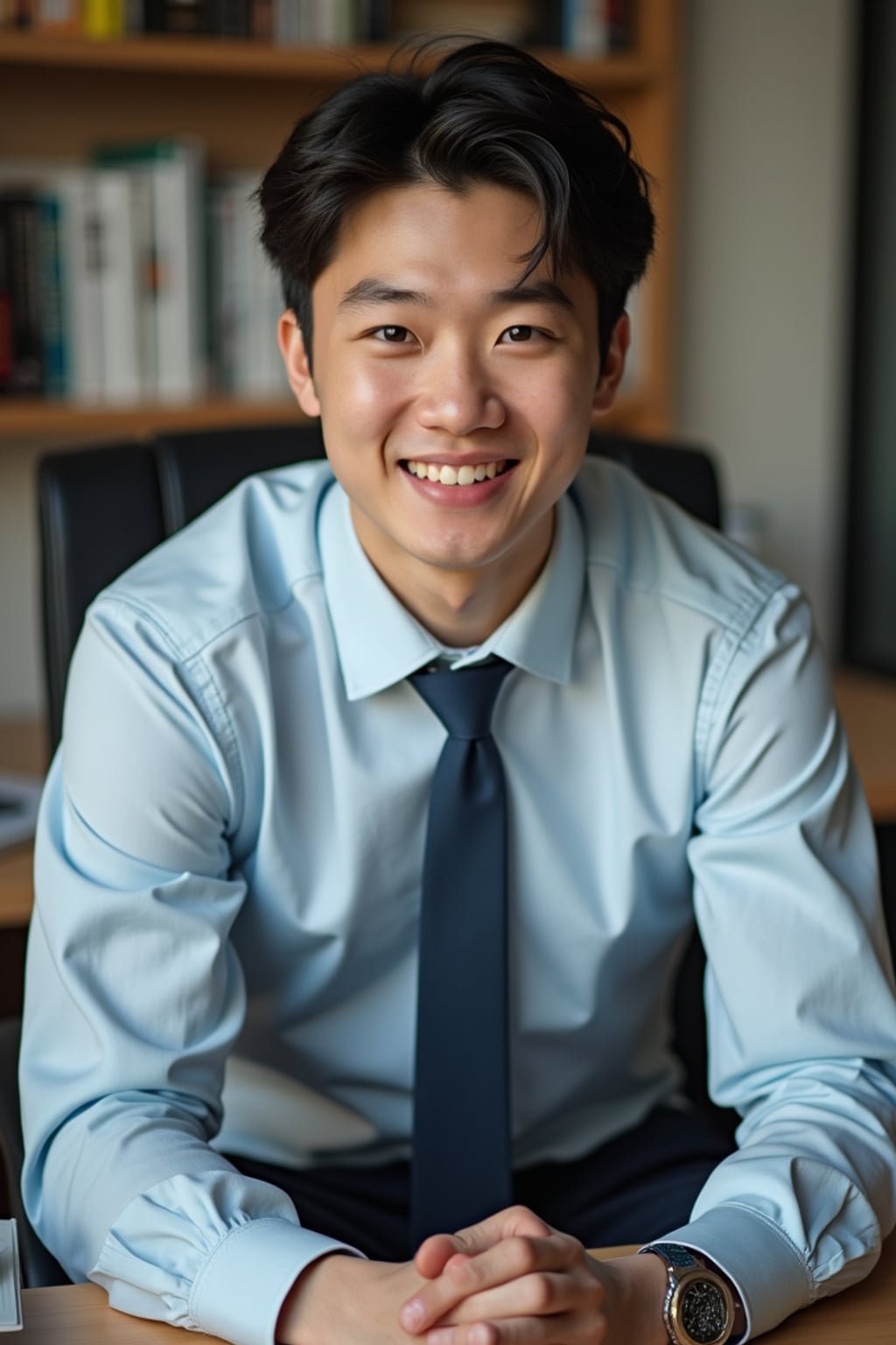 headshot of man, sitting at a desk, at a (office),  shirt and tie and suit pants