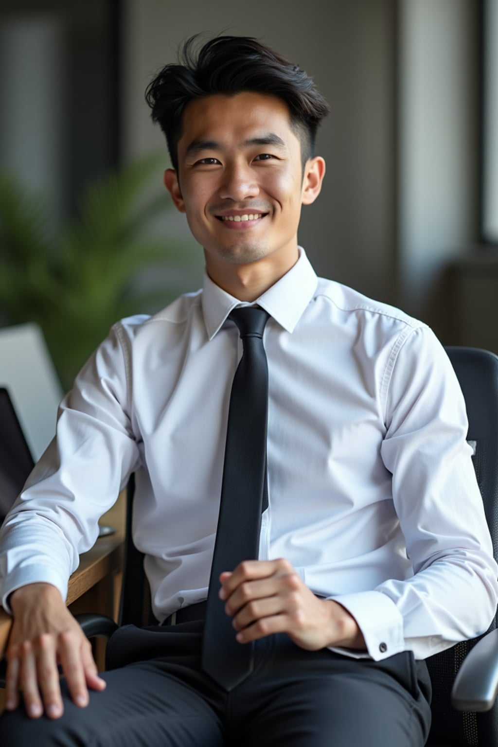 headshot of man, sitting at a desk, at a (office),  shirt and tie and suit pants