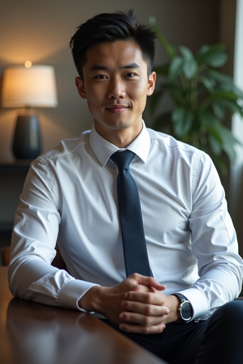 headshot of man, sitting at a desk, at a (office),  shirt and tie and suit pants