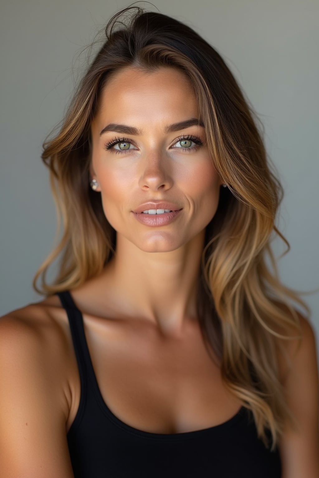 A professional photography woman headshot of a confident woman, taken in a well-lit studio with a clean, neutral backdrop. The woman is dressed in a sleek, minimal black tank top with natural makeup and loose, effortless waves , ensuring a polished yet natural look. The lighting is soft and even, accentuating the woman’s bone structure, skin texture, and striking features. The focus is sharp, with a clear emphasis on the woman\'s eyes and subtle expression, creating the perfect headshot for agency submissions, portfolio updates, and professional branding in fashion and commercial womaning.
