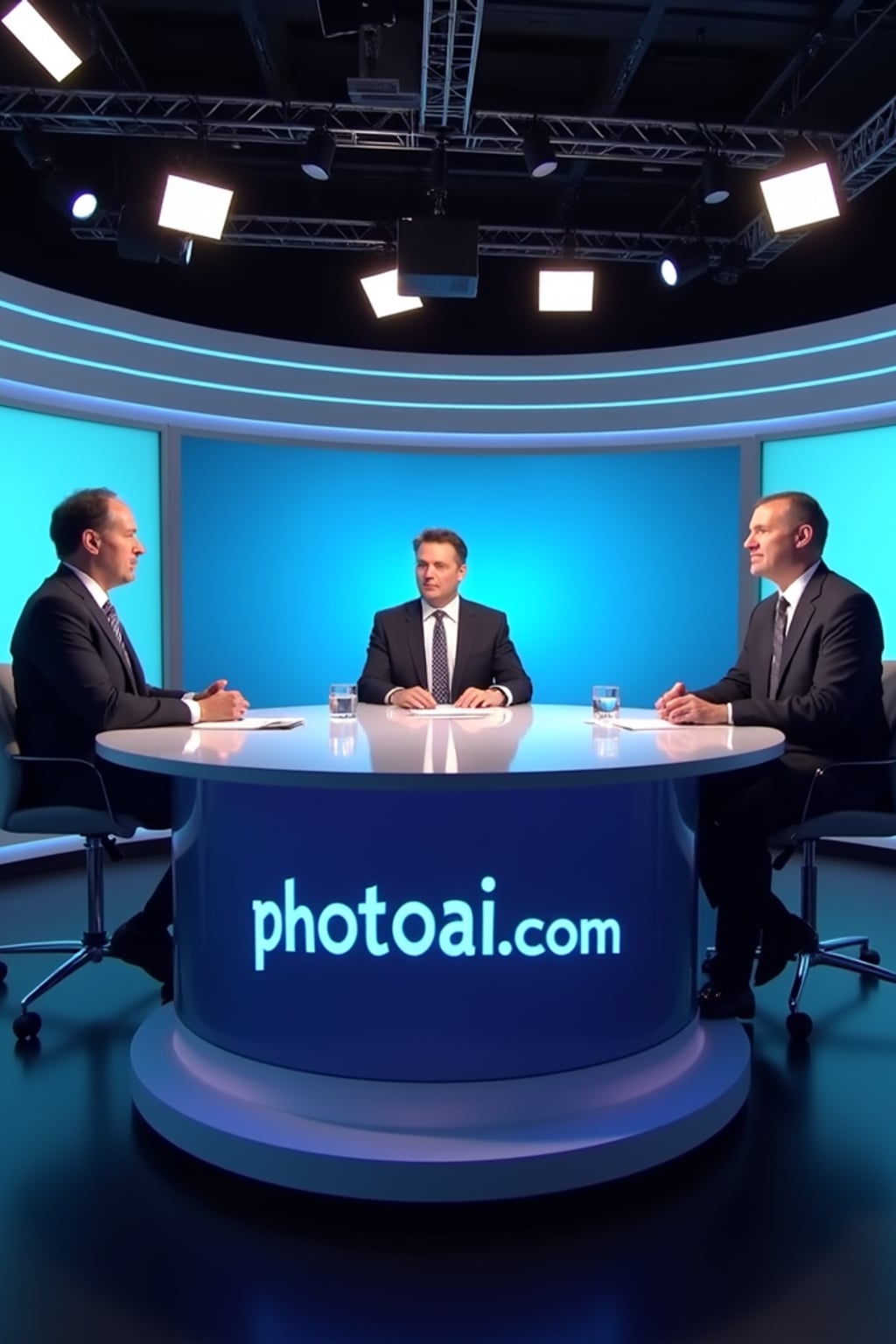 a TV news channel panel discussion setup. three experts—one media ethics professor, a hollywood filmmaker, and a tech industry representative—are in a heated debate over the implications of ai-generated videos. the chyron reads: 'PhotoAI.com: innovation or threat?' the host asks, 'are ai-generated videos misleading the public?' the filmmaker warns, 'this technology could replace human actors entirely!' the tech industry rep defends ai, saying it 'enhances creativity, not replaces it.' the professor warns about deepfakes and ai propaganda.