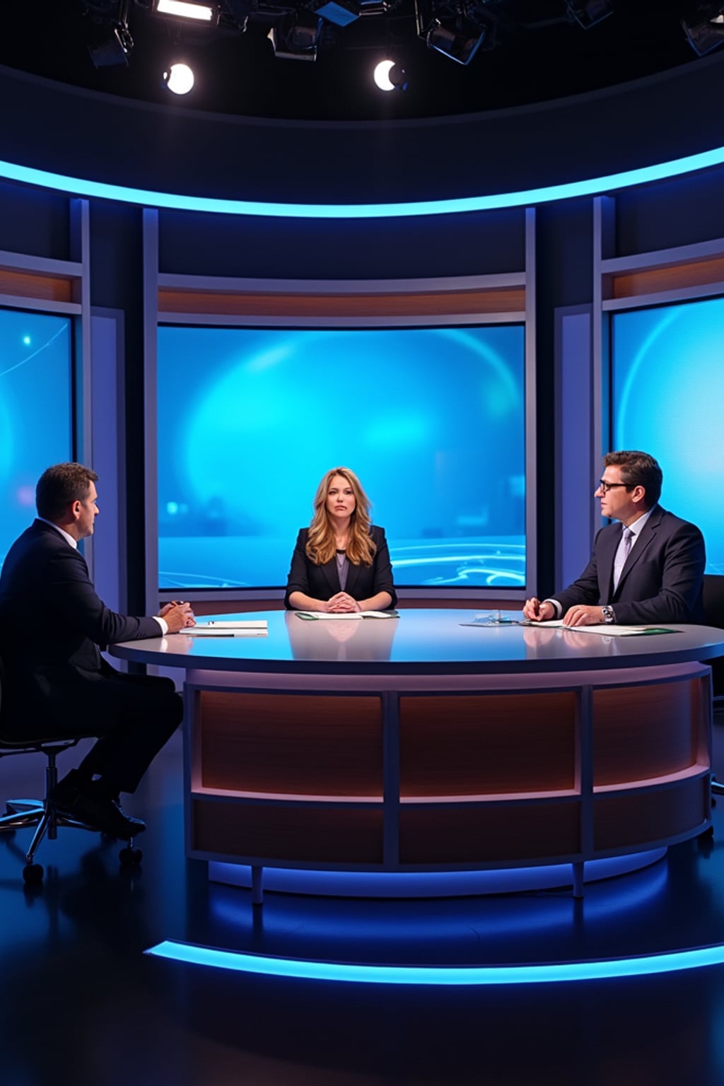 a TV news channel panel discussion setup. three experts—one media ethics professor, a hollywood filmmaker, and a tech industry representative—are in a heated debate over the implications of ai-generated videos. the chyron reads: 'PhotoAI.com: innovation or threat?' the host asks, 'are ai-generated videos misleading the public?' the filmmaker warns, 'this technology could replace human actors entirely!' the tech industry rep defends ai, saying it 'enhances creativity, not replaces it.' the professor warns about deepfakes and ai propaganda.