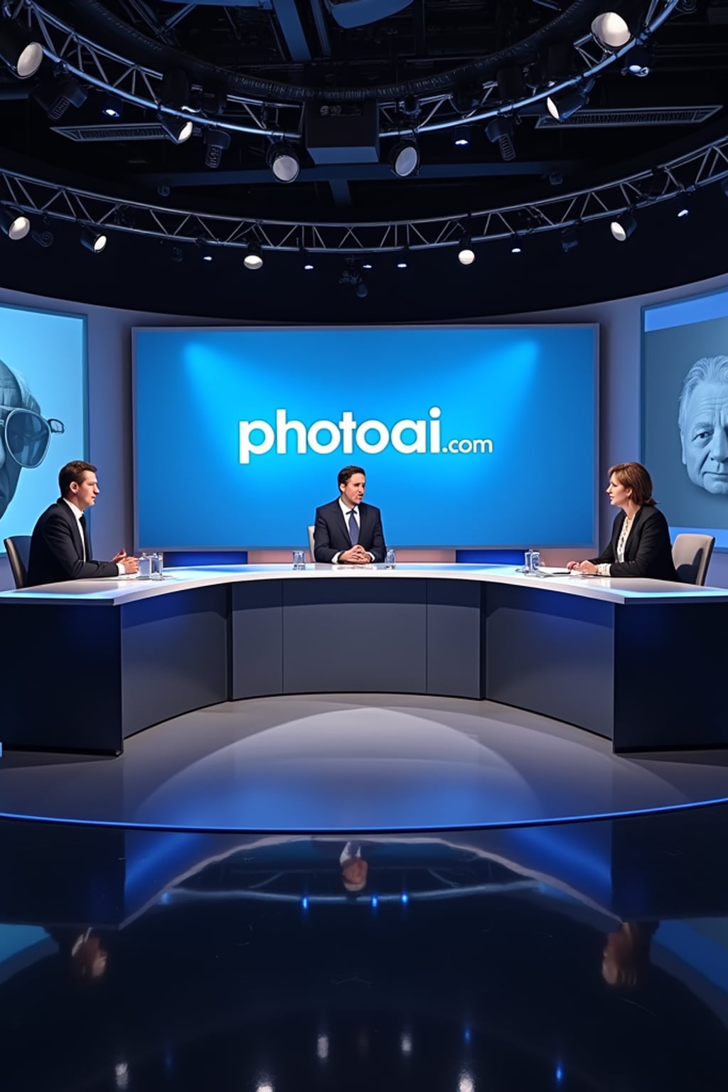 a TV news channel panel discussion setup. three experts—one media ethics professor, a hollywood filmmaker, and a tech industry representative—are in a heated debate over the implications of ai-generated videos. the chyron reads: 'PhotoAI.com: innovation or threat?' the host asks, 'are ai-generated videos misleading the public?' the filmmaker warns, 'this technology could replace human actors entirely!' the tech industry rep defends ai, saying it 'enhances creativity, not replaces it.' the professor warns about deepfakes and ai propaganda.